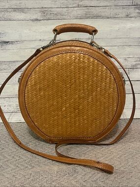 Vintage Bamboo Leather Trim Round Case Purse